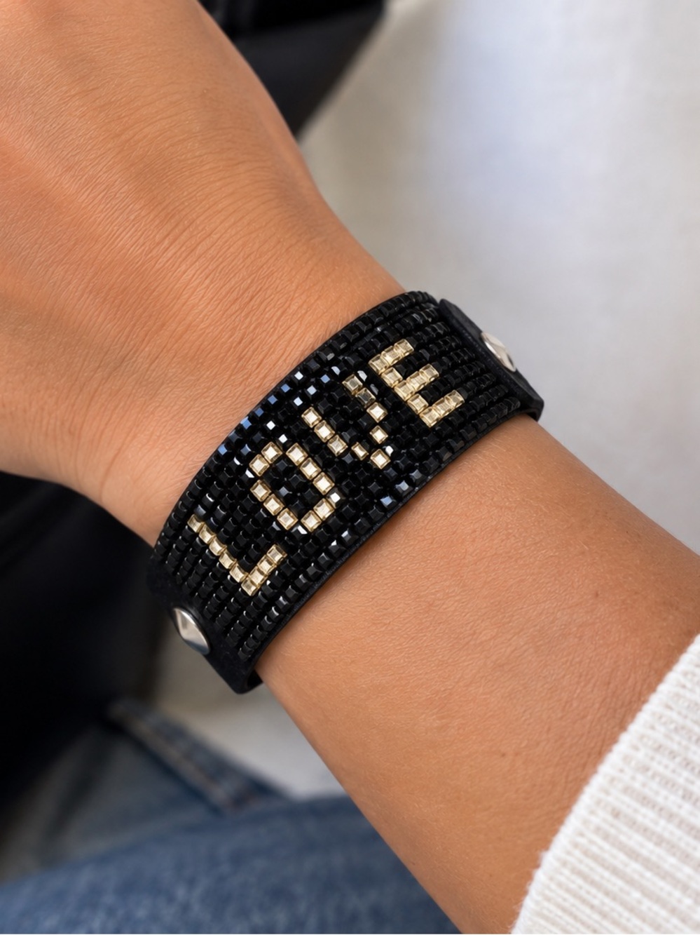 Crystal Beaded Cuff Bracelet with 'LOVE' Design